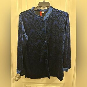 Look East  Blue Velvet Burnout button top Geisha Asian velour L